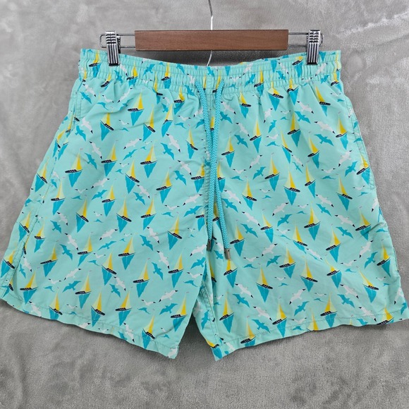Vilebrequin Swim Trunks Mens XL Teal Blue Sailboat Print Drawstring Mesh Lined